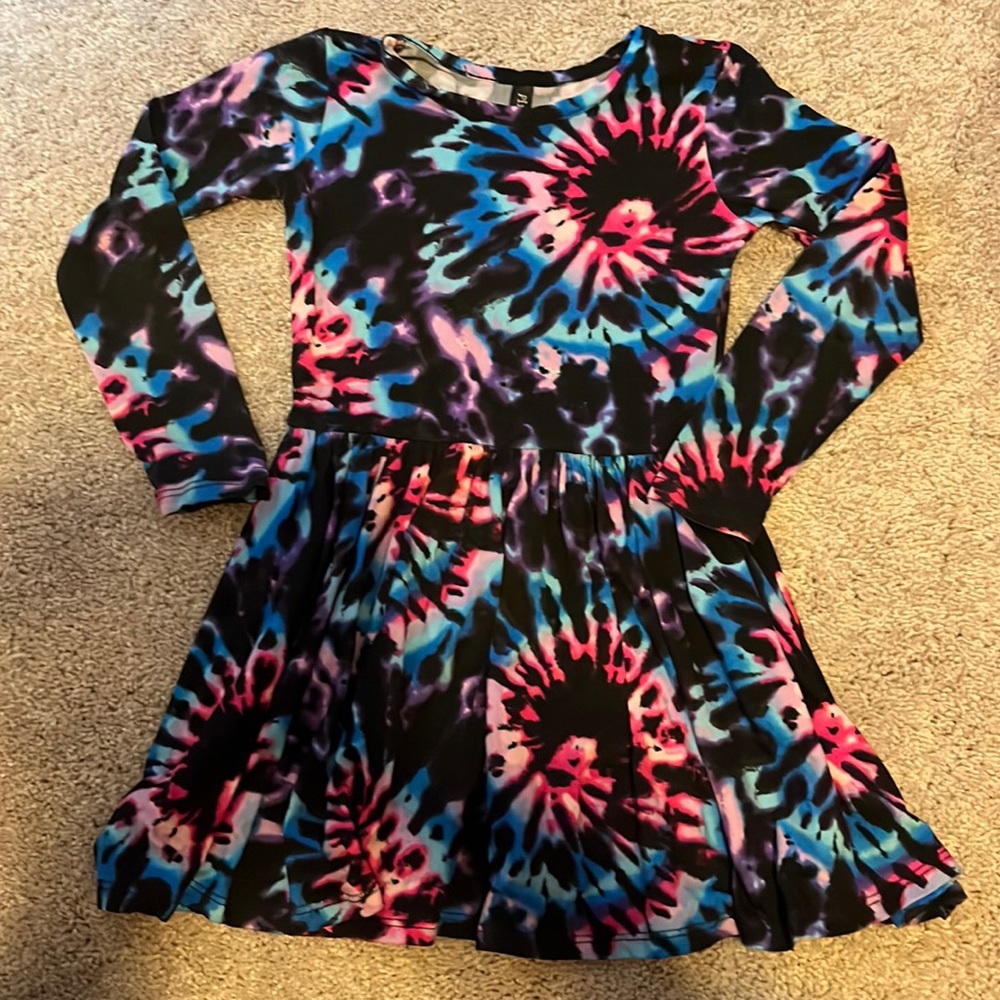 Girls' Black Tie-Dye Long Sleeve Casual Dress